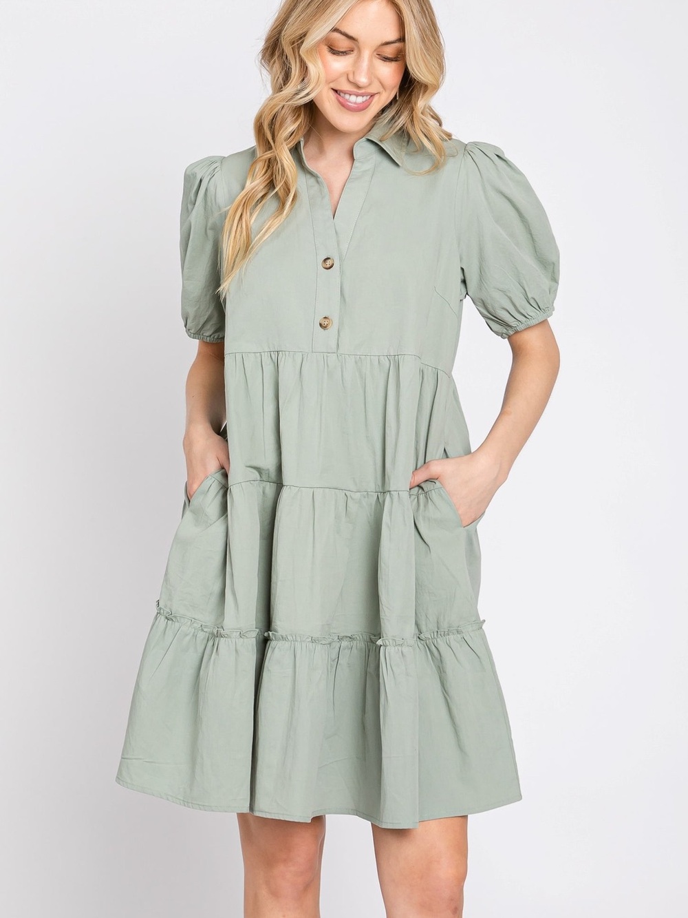 PinkBlush Elleborn Sage Green Tiered Dress Puff Sleeve Collared Button L NWT - Picture 12 of 12